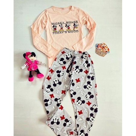 Pijama dama bumbac lunga cu pantaloni lungi si bluza cu maneca lunga roz cu imprimeu MK mood